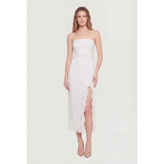 Women's Ruffle Trim Side Slit Lace Overlay Midi Dress
