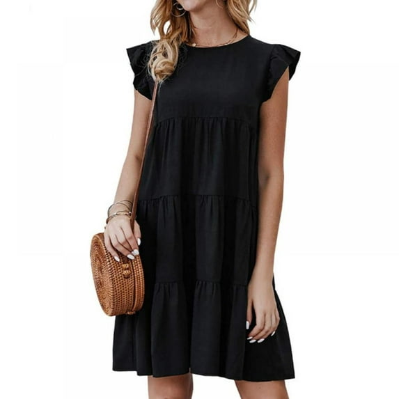 Women's Ruffle Trim Sleeve Summer Beach A Line Loose Swing Dress