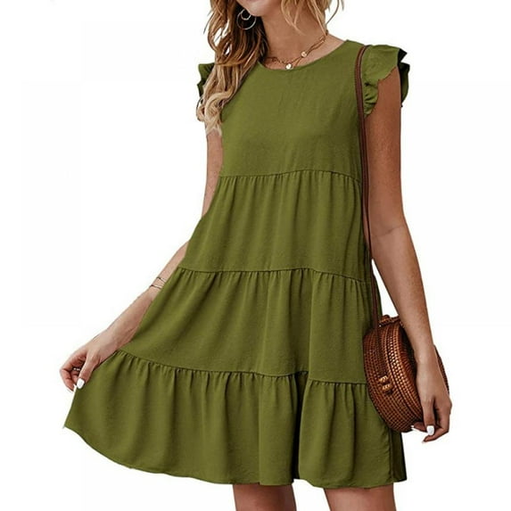 Women's Ruffle Trim Sleeve Summer Beach Swing Shift Pleated Dresses
