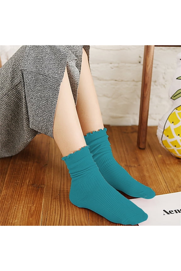 Women's Ruffle Trim Slouch Socks, Japanese Style Cotton Blend Crew Socks with Frilly Detail, Soft Stretchy Breathable Mid Calf Socks for Autumn Winter Daily Wear Sky Blue