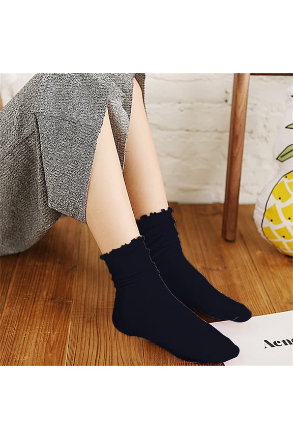 Women's Ruffle Trim Slouch Socks, Japanese Style Cotton Blend Crew Socks with Frilly Detail, Soft Stretchy Breathable Mid Calf Socks for Autumn Winter Daily Wear Navy