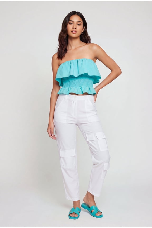 Women's Ruffle Trim Smocked Crop Top