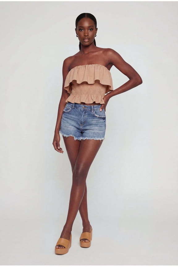 Women's Ruffle Trim Smocked Crop Top