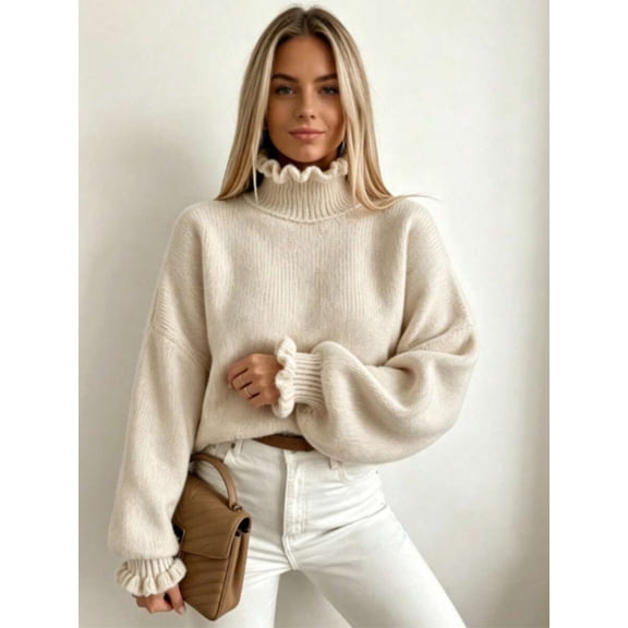 Women's Ruffle Trim Turtleneck Sweater Long Sleeve Knit Pullover