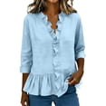 thumbnail image 1 of Women's Ruffle Trim V Neck Blouse 3/4 Cuff Sleeve Peplum Hem Textured Shirts Soft Lightweight Work Casual Blouses Trendy Layering Tops Light Blue, 1 of 6