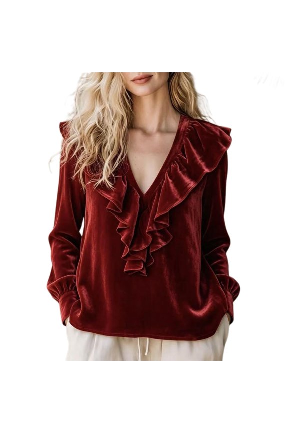 Women's Ruffle Trim V Neck Long Puff Sleeve Solid Color Velvet Tops Fall Comfortable Breath Loose Blouses Wine XL