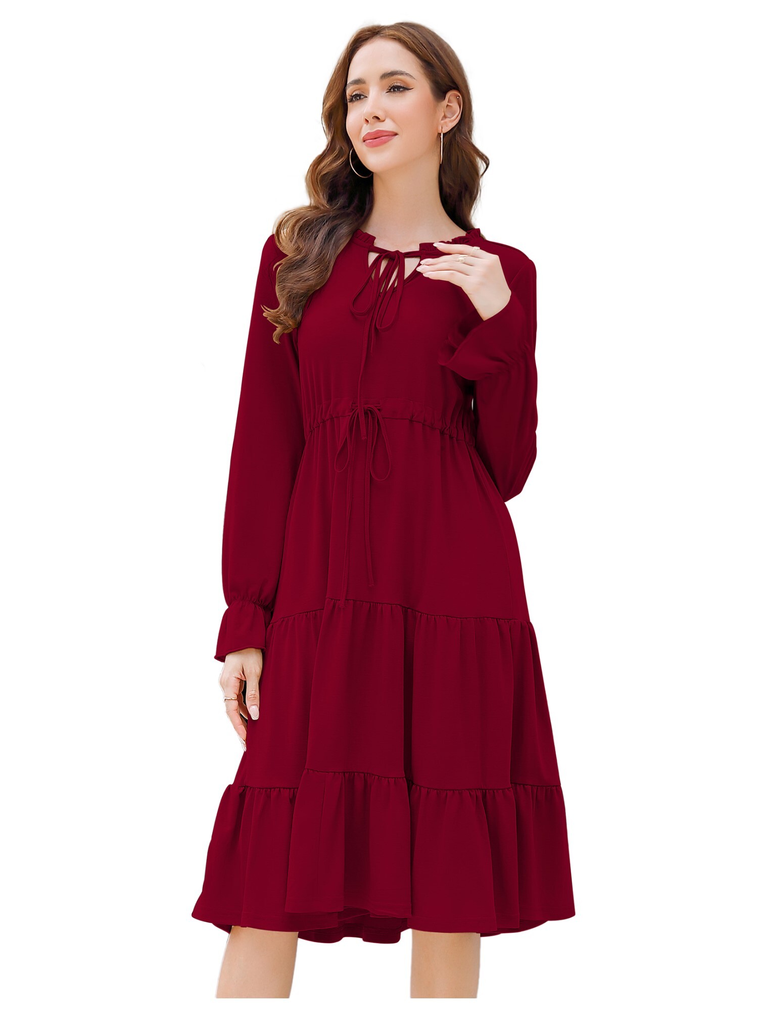 Women's Ruffle Trim V Neck Long Sleeve Bohemian Casual High Waist