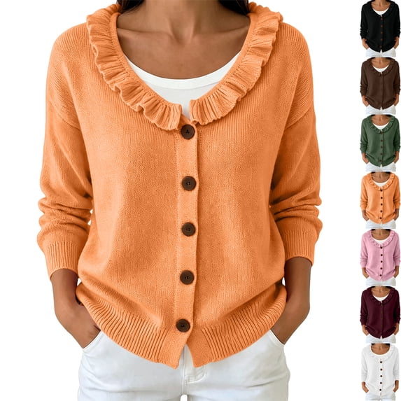 Women's Ruffle V Neck Button Down Cardigan Sweater Lightweight Long Sleeve Drop Shoulder Loose Knit Shirts Tops for Going Out Fall Outfits, Orange, XXXL