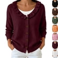 thumbnail image 1 of Women's Ruffle V Neck Button Down Cardigan Sweater Lightweight Long Sleeve Drop Shoulder Loose Knit Shirts Tops for Going Out Fall Outfits, Wine, XXXL, 1 of 7