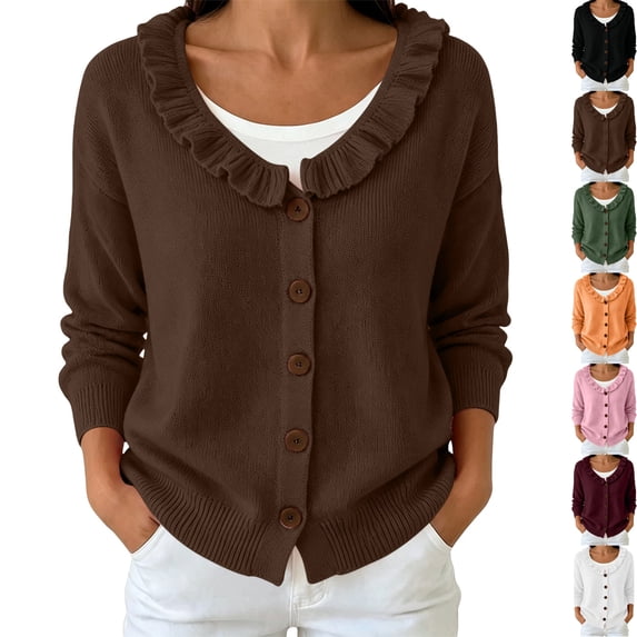 Women's Ruffle V Neck Button Down Cardigan Sweater Lightweight Long Sleeve Drop Shoulder Loose Knit Shirts Tops for Going Out Fall Outfits, Brown, M