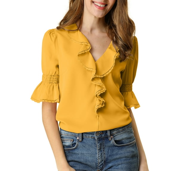 Women's Ruffle V Neck Half Bell Sleeve Casual Chiffon Top
