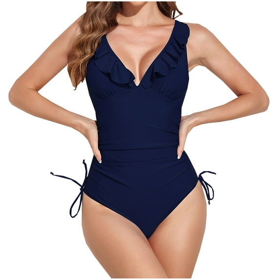 Women's Ruffle V Neck One Piece Swimsuit Sexy Solid Tummy Control Ladies Swimwear Drawstring Tie Side Bathing Suit