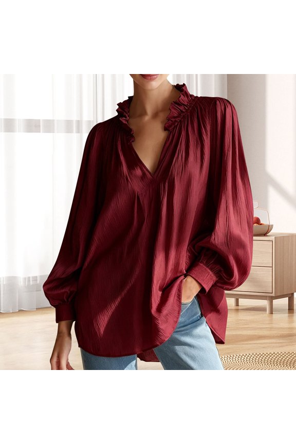 Women's Ruffle V Neck Puff Long Sleeve Loose Blouse, Flowy Relaxed Fit Top with Elegant Ruffle Detail, for Spring Summer Daily Wear, Vacation or Beach Resort Outfits Wine S
