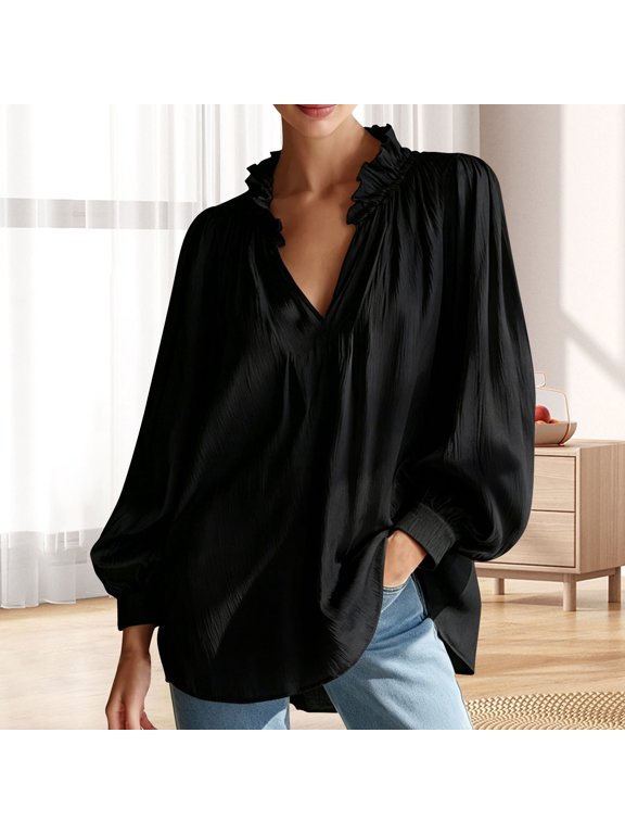 Women's Ruffle V Neck Puff Long Sleeve Loose Blouse, Flowy Relaxed Fit Top with Elegant Ruffle Detail, for Spring Summer Daily Wear, Vacation or Beach Resort Outfits Black XL