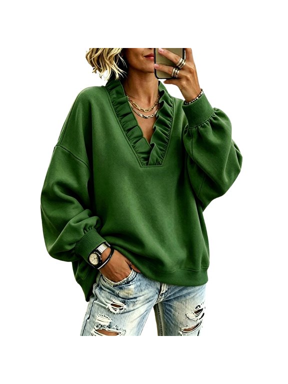 Women's Ruffle V Neck Sweatshirt Long Sleeve Drop Shoulder Relaxed Fit Soft Casual Pullover Sweatshirt