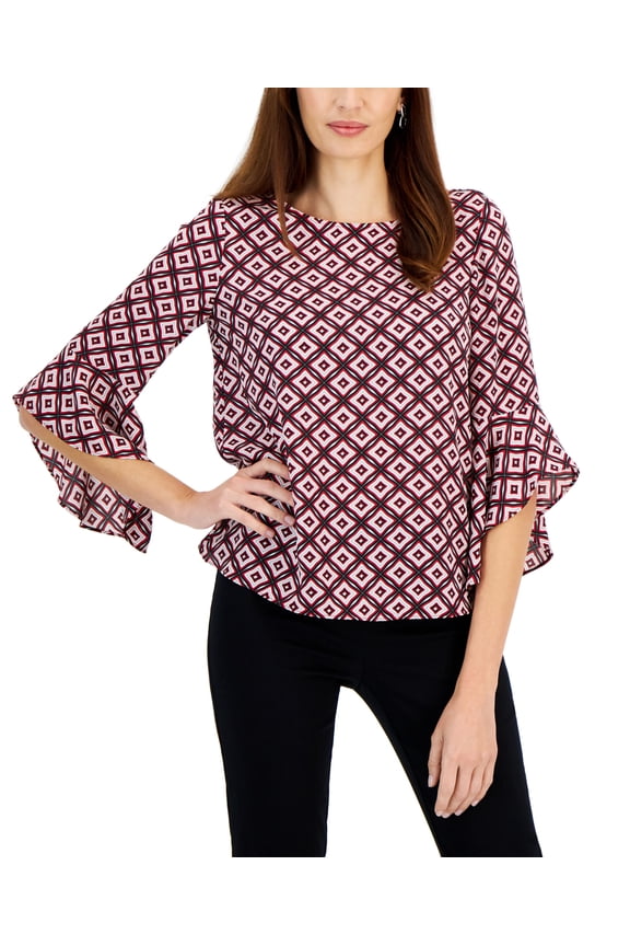 Women's Ruffled 3/4-Sleeve Printed Top Fire Red Multi M