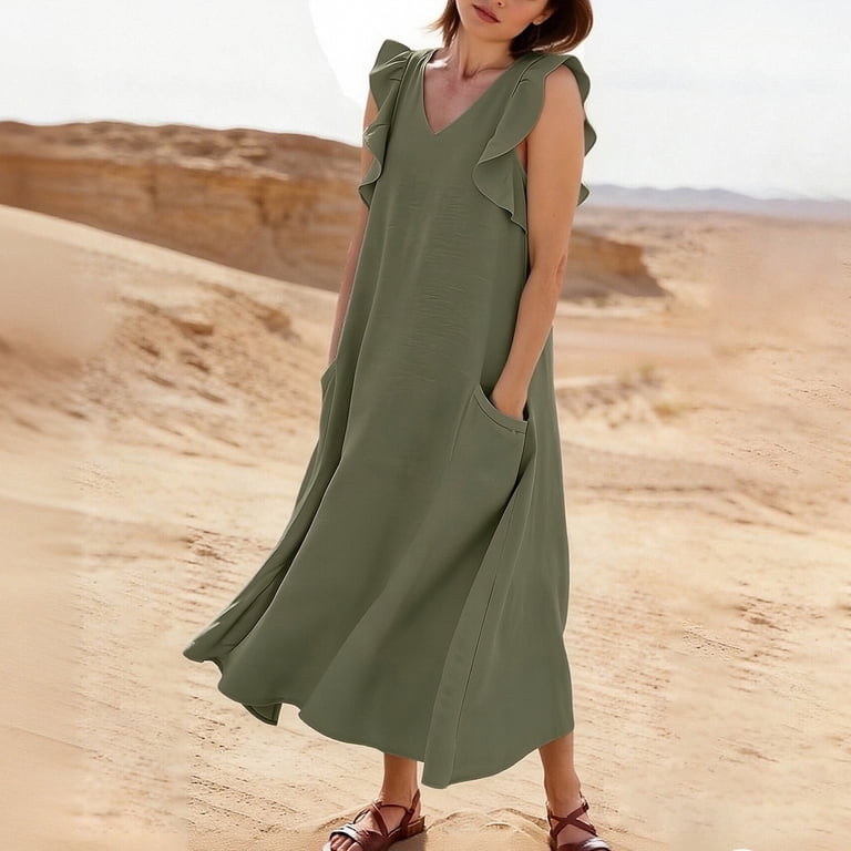 Women's Ruffled Art Casual Fashion Comfy Loose Dress Sleeveless Solid V-Neck Flowy Dress with Pockets L