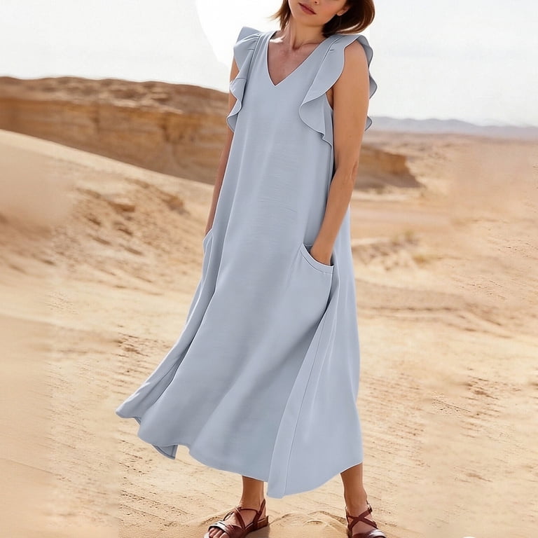 flowy comfy dress Women's Ruffled Art Casual Fashion Loose Sleeveless Solid V-Neck Dress with Pockets M Vendor: Kai and Kelly
