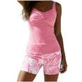 thumbnail image 1 of Fewfanhot Women's Ruffled Bikini Set, Solid Tankini Top with Leaf Print Shorts Tummy Control, Two Piece Modest Bathing Suit Multi Colors Swimsuit, 1 of 6