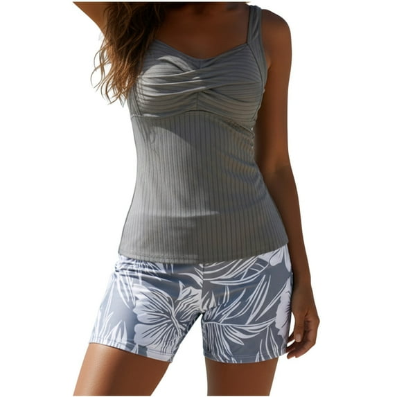 Fewfanhot Women's Ruffled Bikini Set, Solid Tankini Top with Leaf Print Shorts Tummy Control, Two Piece Modest Bathing Suit Multi Colors Swimsuit