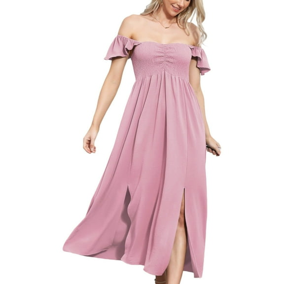 Women's Ruffled Cap Sleeve Maxi Slit Dress- Medium,Pink