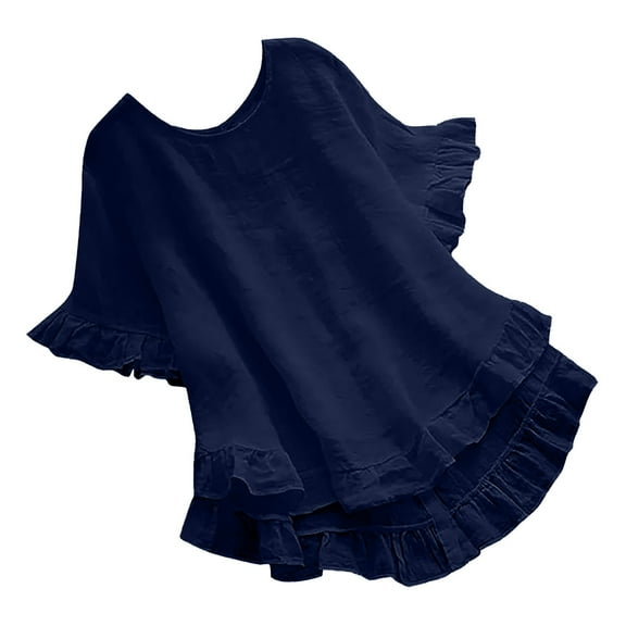 Yubnlvae Oversized Collared Blouse - Short Sleeve Ruffle Detail Casual Shirt (Breathable Cotton | Relaxed Fit | Button-Front | Everyday Wear) (Navy | L)