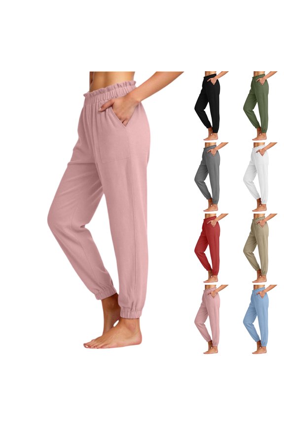 Women's Ruffled Elastic Waist Jogger Pants Casual Tapered Trousers 2026 Summer Trendy Pants with Pockets Pink XXL