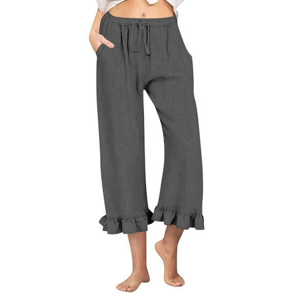 Women's Ruffled Hem Capri Pants - High Waist Cotton Linen Casual Wide Leg Trousers with Pockets ,Dark Gray,S
