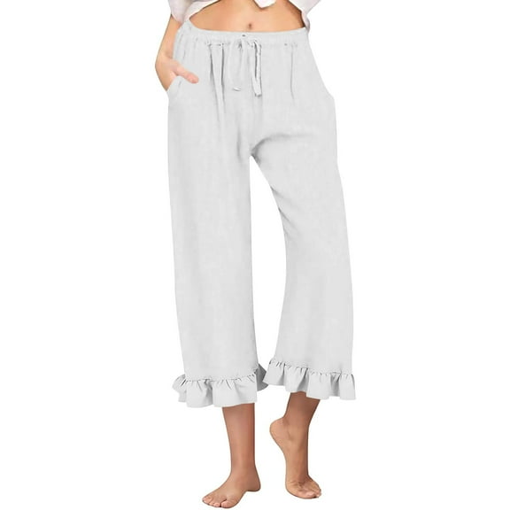 Women's Ruffled Hem Capri Pants - High Waist Cotton Linen Casual Wide Leg Trousers with Pockets ,White,S