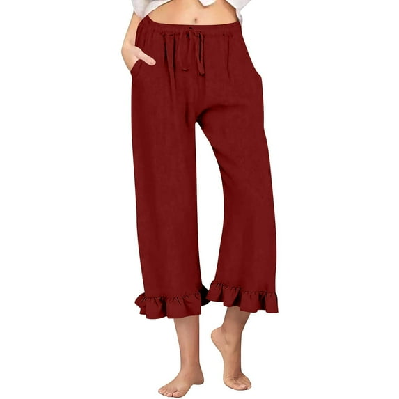 Women's Ruffled Hem Capri Pants - High Waist Cotton Linen Casual Wide Leg Trousers with Pockets ,Wine,2XL
