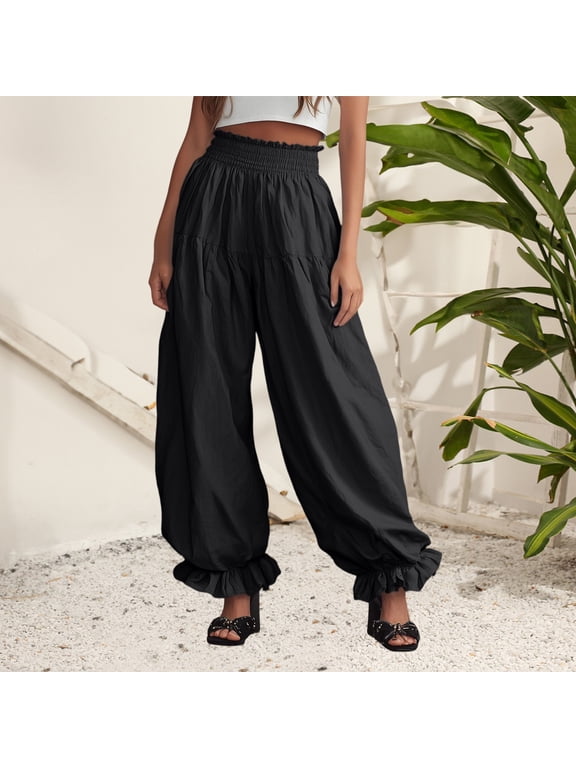 Women's Ruffled Hem Wide Leg Pants, Loose Fit High Waisted Casual Trousers for Women, Pleated Balloon Harem Pants with Elastic Waist, Trendy Summer Pants for Going Out Club Festival Work Black XXL