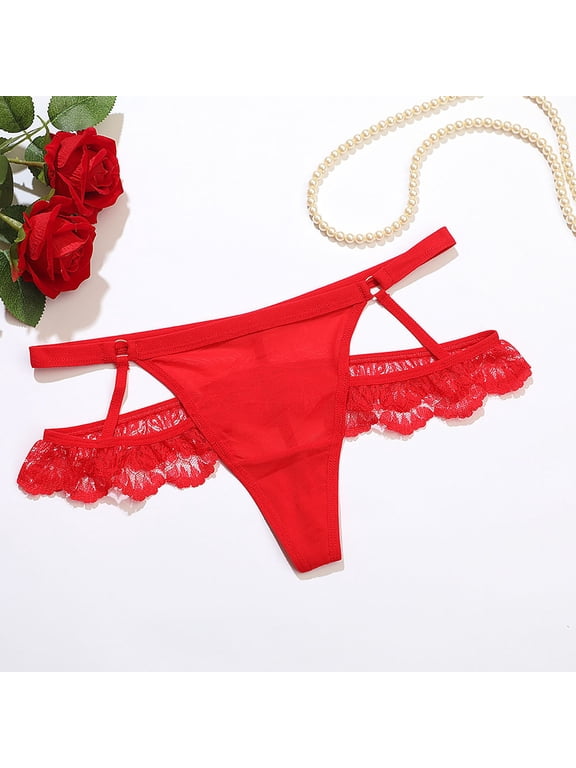 Women's Ruffled Lace Thong Sheer Mesh Cut out Lightweight Comfy Casual Daily Panties Red String Bikini Panties L
