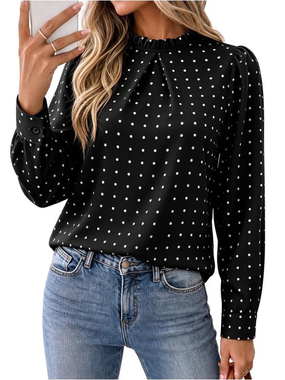 Women's Ruffled Mock Neck Polka Dot Puff Sleeve Back Keyhole Commuter Long Sleeve Blouse Black XXL