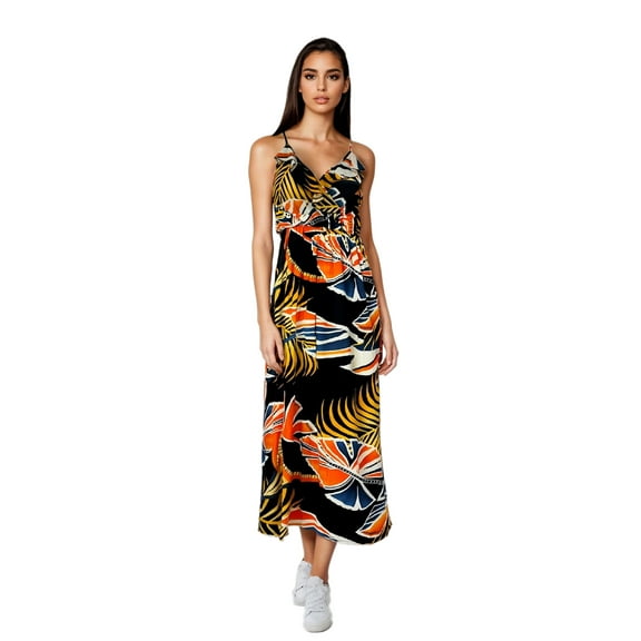 Women's Ruffled Neckline Tropical Palm Tree Print Midi Dress, Black, Medium