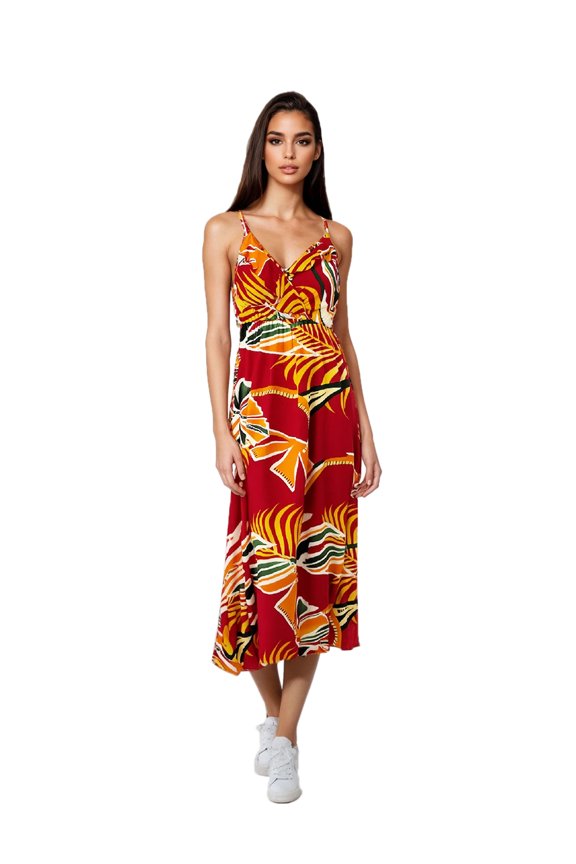 Women's Ruffled Neckline Tropical Palm Tree Print Midi Dress, Red, Medium