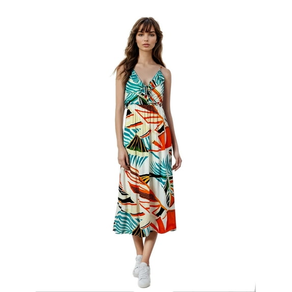 Women's Ruffled Neckline Tropical Palm Tree Print Midi Dress, White, Large