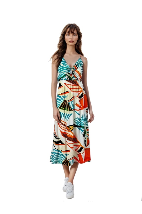 Women's Ruffled Neckline Tropical Palm Tree Print Midi Dress, White, Medum