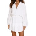 thumbnail image 1 of Women's Ruffled Notched Balloon Sleeve Mini Dress with Button Front and Sheer Details in 100% Polyester Fabric, 1 of 14