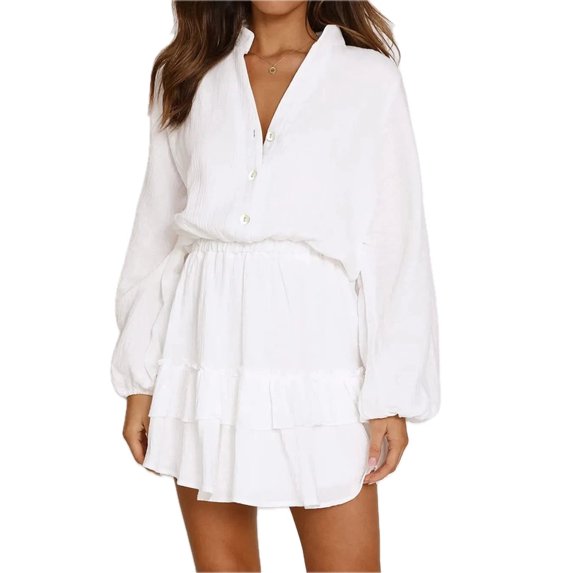 Women's Ruffled Notched Balloon Sleeve Mini Dress with Button Front and Sheer Details in 100% Polyester Fabric