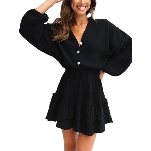 Women's Ruffled Notched Balloon Sleeve Mini Dress with Button Front and Sheer Details in 100% Polyester Fabric