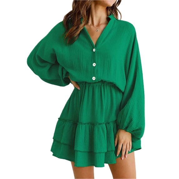 Women's Ruffled Notched Balloon Sleeve Mini Dress with Button Front and Sheer Details in 100% Polyester Fabric