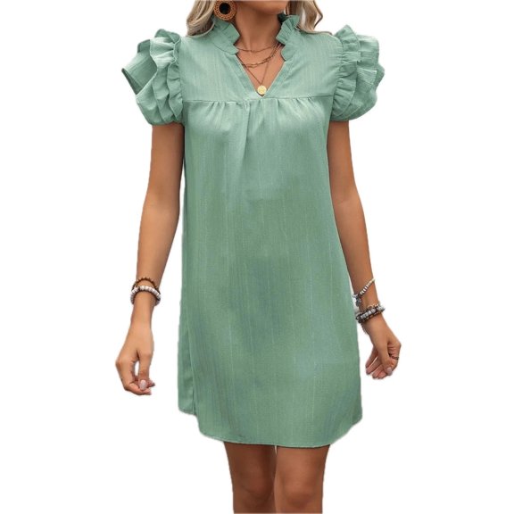 Women's Ruffled Notched Cap Sleeve Mini Dress Polyester % Fabric with Sheer Details and Easy Care for Everyday Wear