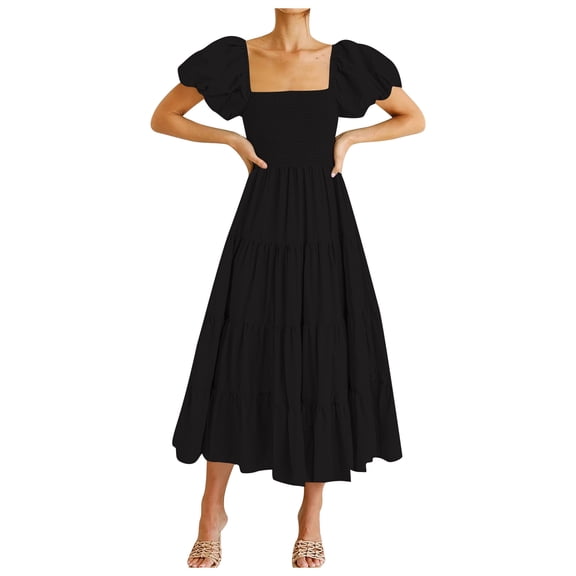 Women's Ruffled Off The Shoulder Sleeve Casual Dress Summer Flowy Boho Comfortable Stylish Feminine Elegant Party Beach