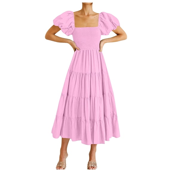 Women's Ruffled Off The Shoulder Sleeve Casual Dress Summer Flowy Boho Comfortable Stylish Feminine Elegant Party Beach