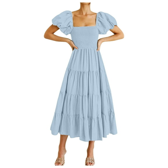 Women's Ruffled Off The Shoulder Sleeve Casual Dress Summer Flowy Boho Comfortable Stylish Feminine Elegant Party Beach