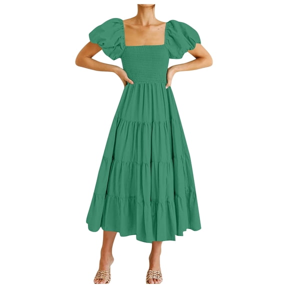 Women's Ruffled Off The Shoulder Sleeve Summer Dress Flowy Boho Casual Comfortable Stylish Elegant Wear