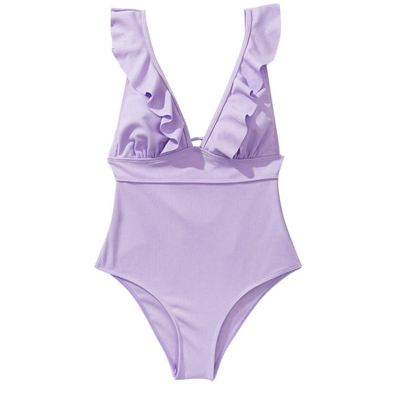 Women's Ruffled One Piece Swimsuit Solid Color Ribbed Bathing Suit Deep V Neck Lace up Summer Beach Swimwear (S, Purple)