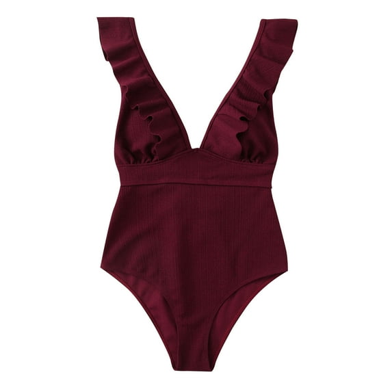 Women's Ruffled One Piece Swimsuit Solid Color Ribbed Bathing Suit Deep V Neck Lace up Summer Beach Swimwear (S, Wine)
