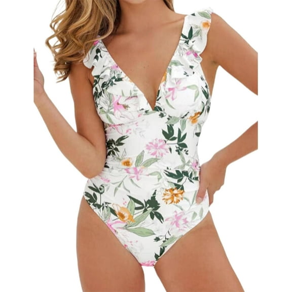 Women's Ruffled One Piece Swimsuits V Neck Tummy Control Cutout High Waisted Bathing Suit