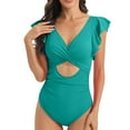 thumbnail image 1 of Women's Ruffled One Piece Swimsuits V Neck Tummy Control Cutout High Waisted Hawaii Floral Print Bathing Suit Mint Green,XXL, 1 of 5